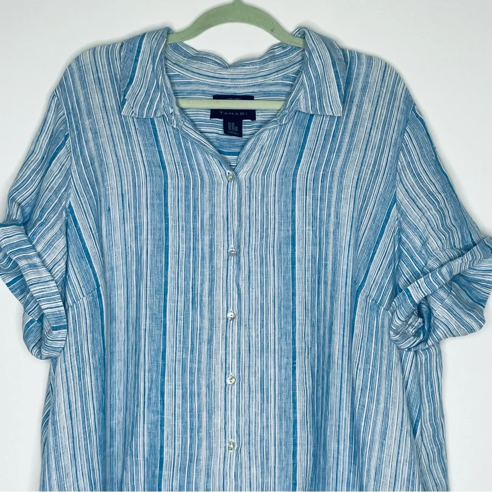 Tahari Plus 100% Linen Collar Shirt Dress Light Blue stripe button up 2X pockets - Picture 5 of 16